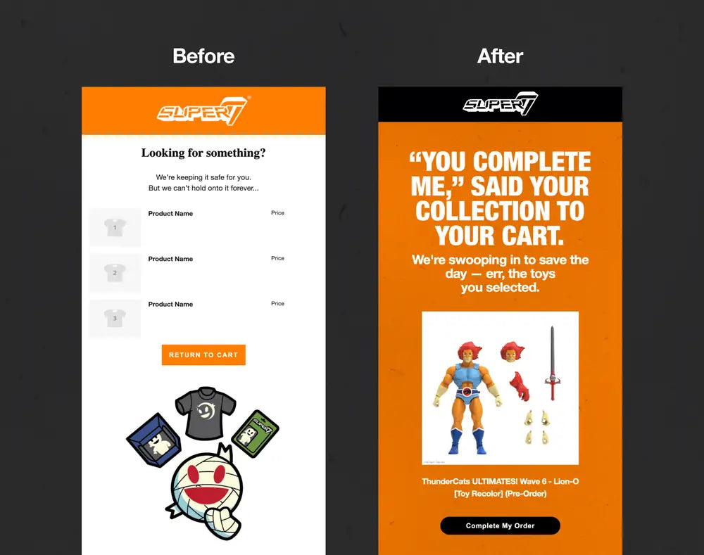 Super7's original cart reminder beside the rewritten version, a bold email showing the selected product with a Complete My Order button.
